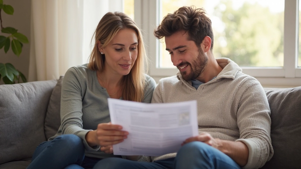 Casal jovem analisando documento financeiro juntos em sala de estar aconchegante com luz natural