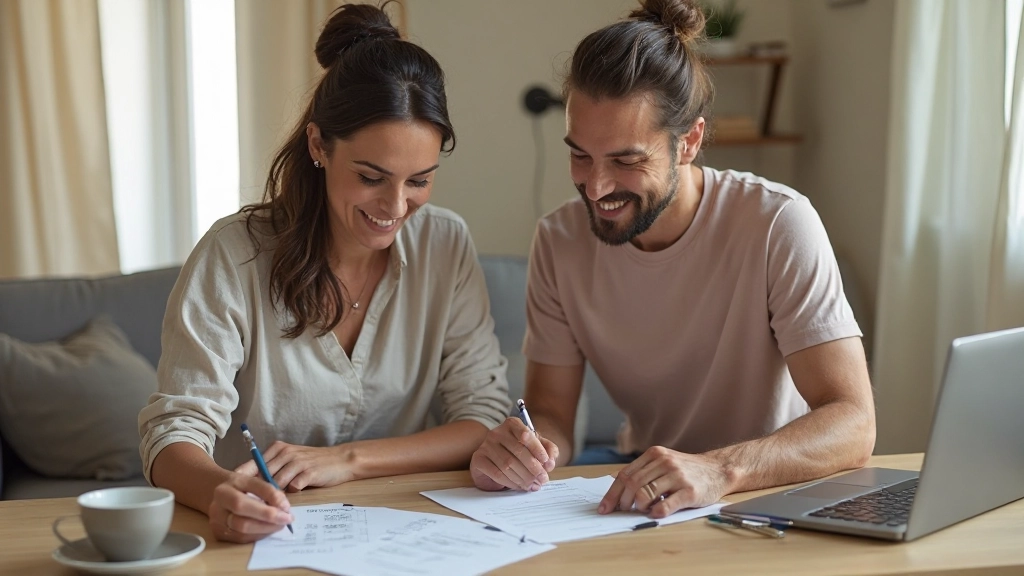 Casal analisando contas domésticas e documentos financeiros em mesa de sala de estar moderna