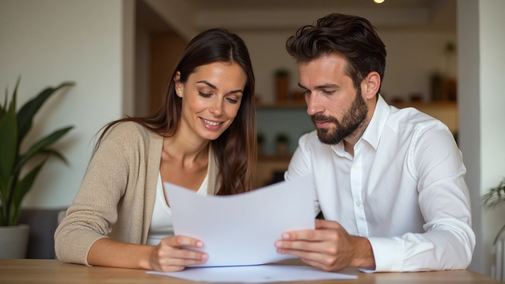 Casal analisando contas domésticas e documentos financeiros em mesa de sala de estar moderna