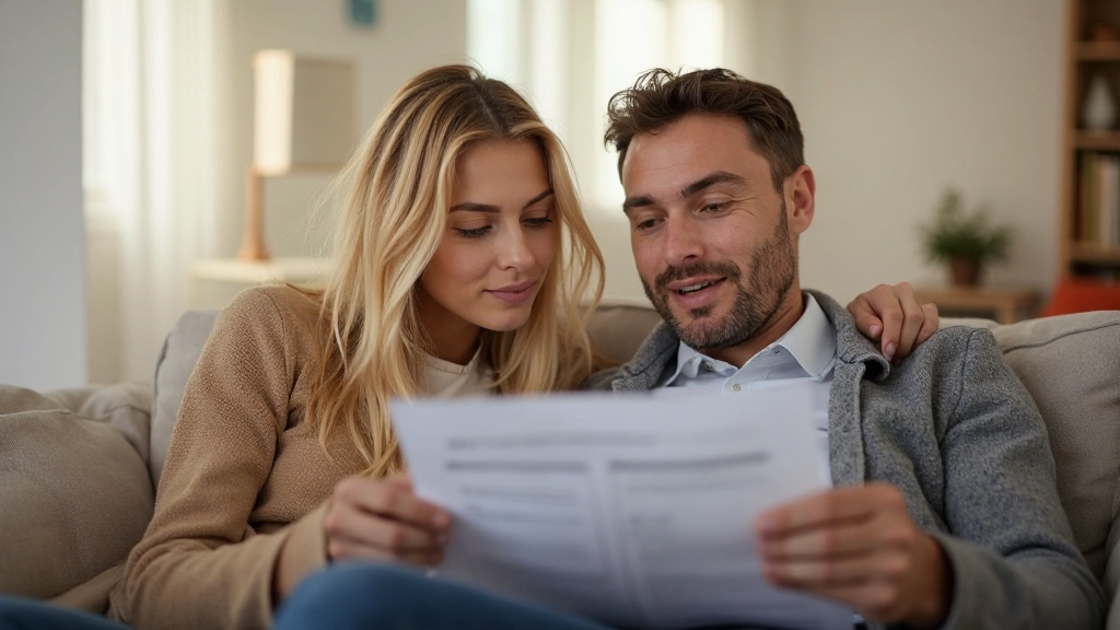 Casal feliz discutindo planejamento financeiro conjunto em ambiente doméstico caloroso