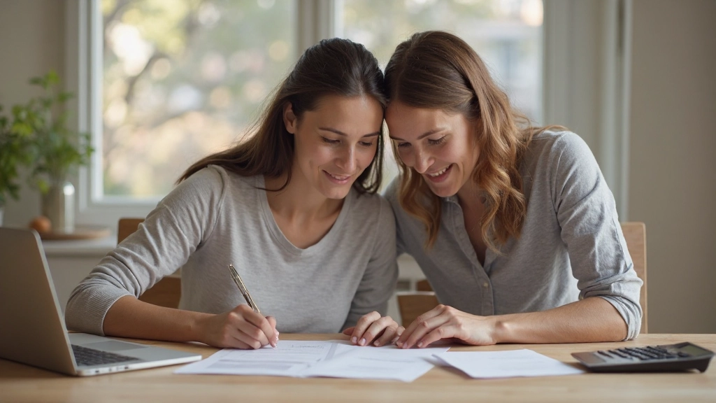 Casal revendo planejamento financeiro mensal com documentos e laptop em ambiente doméstico aconchegante