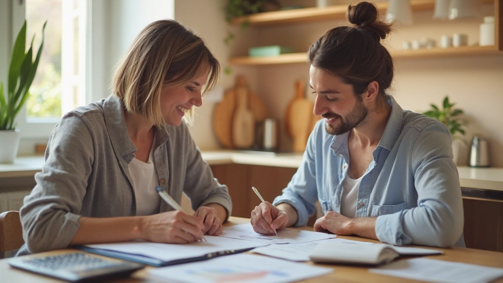 Casal planejando orçamento doméstico com documentos e calculadora