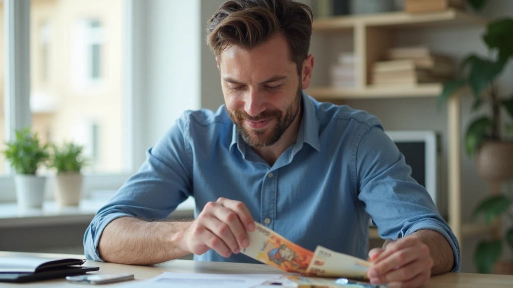 Homem jovem contando notas de euro em cima de mesa com carteira aberta e moedas dispersas