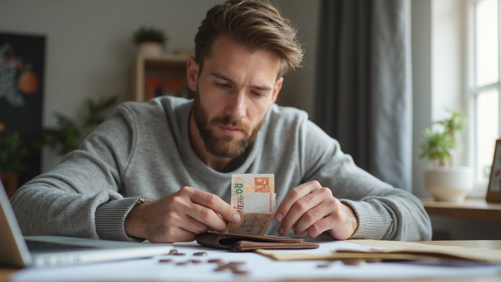 Homem jovem contando notas de euro em cima de mesa com carteira aberta e moedas dispersas