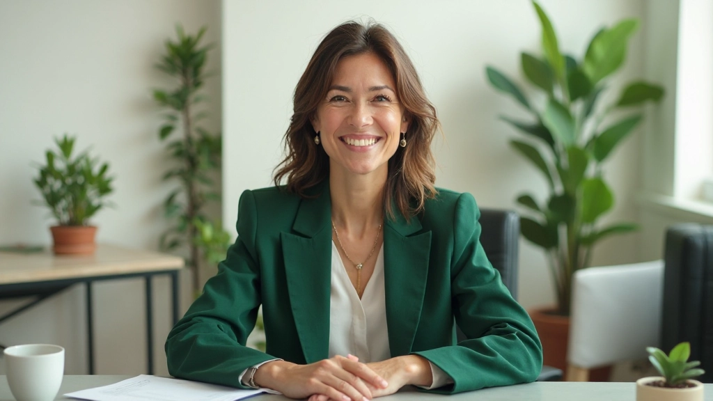 Mulher sorridente em ambiente de trabalho moderno com plantas, computador e organização de documentos