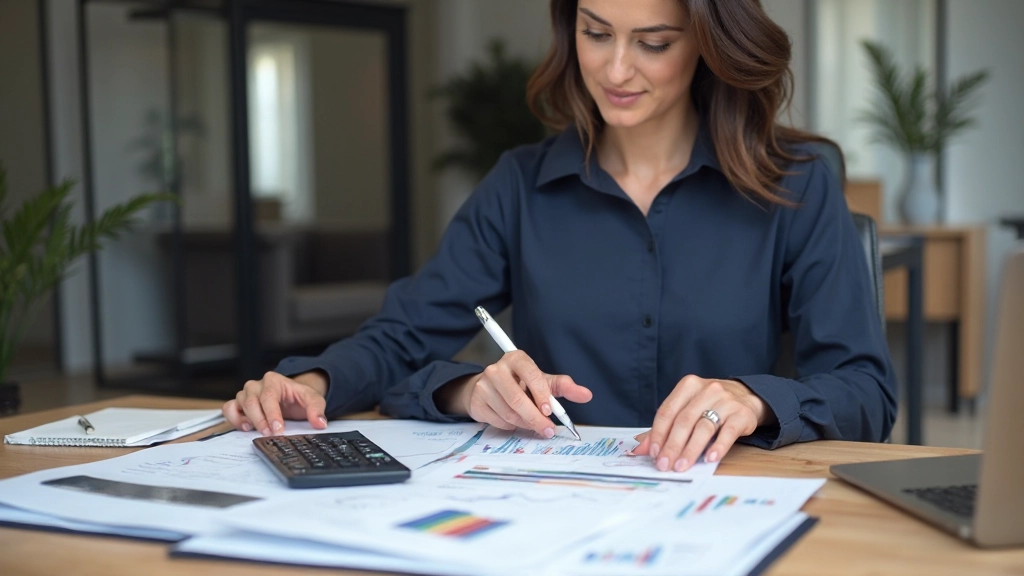 Mulher profissional analisando planilha financeira com gráficos e calculadora em mesa organizada