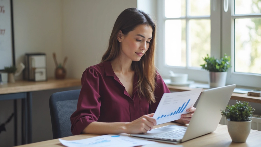 Profissional analisando gráficos financeiros e planilhas de orçamento em mesa moderna com laptop
