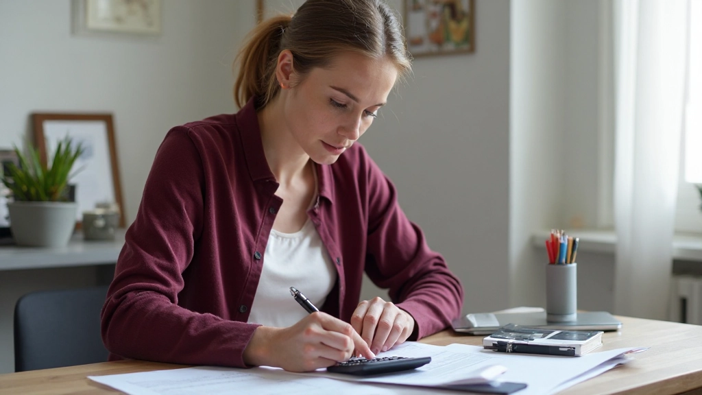 Mulher profissional analisando planilha financeira com gráficos e calculadora em mesa organizada