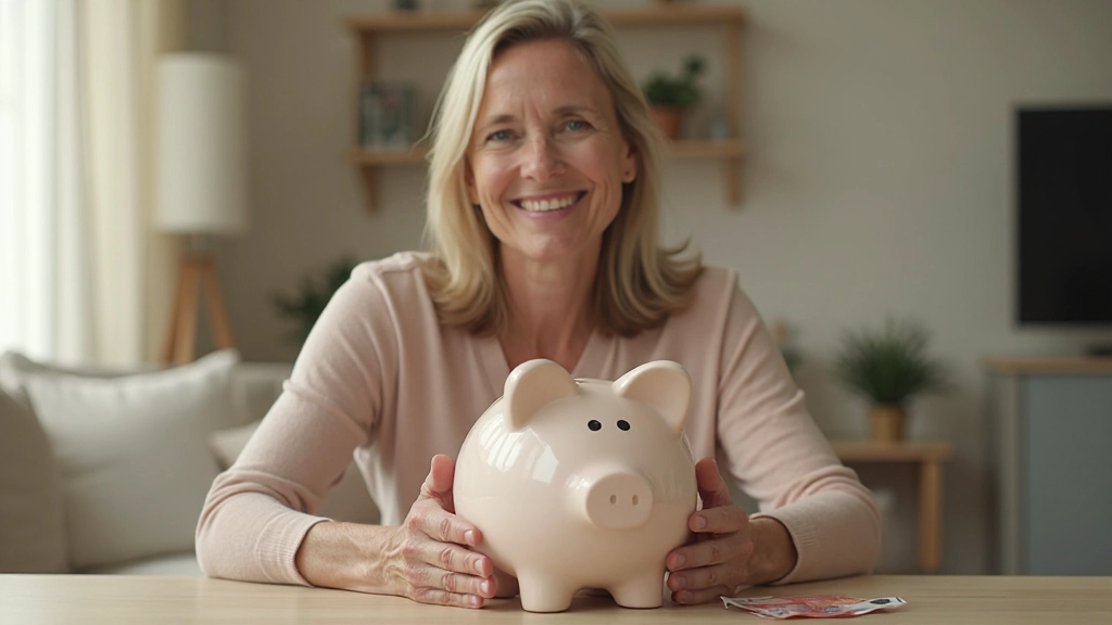 Mulher adulta segurando cofrinho cerâmico com expressão satisfeita e notas de euro ao fundo