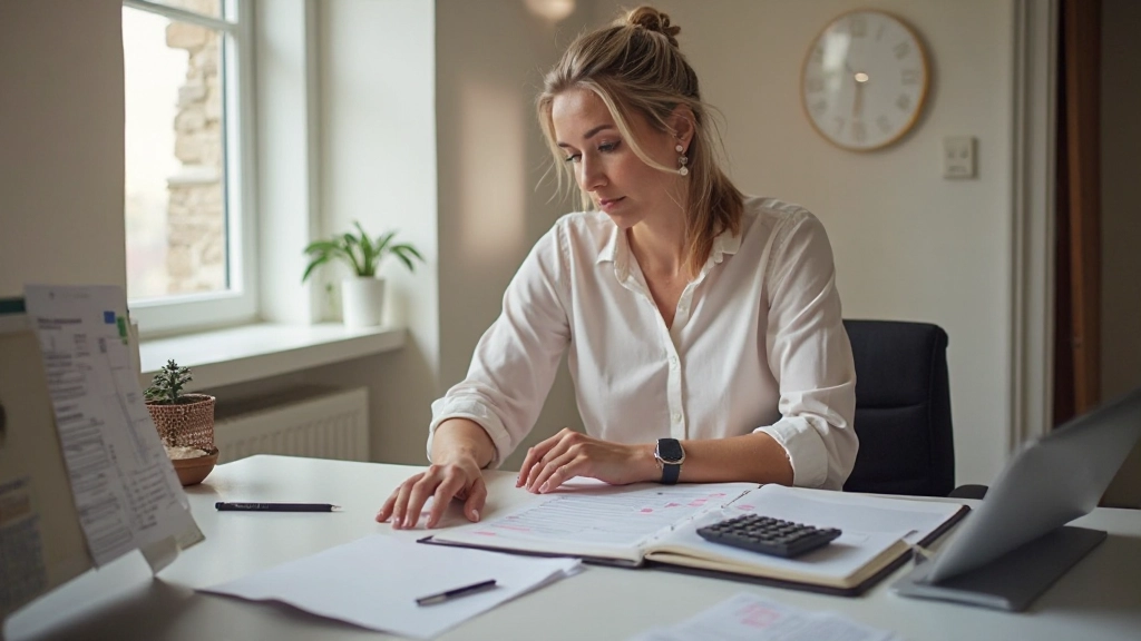 Profissional organizando planejamento financeiro mensal em espaço de trabalho moderno