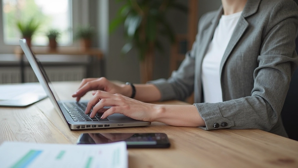 Jovem profissional em home office usando laptop com aplicativo de finanças pessoais na tela